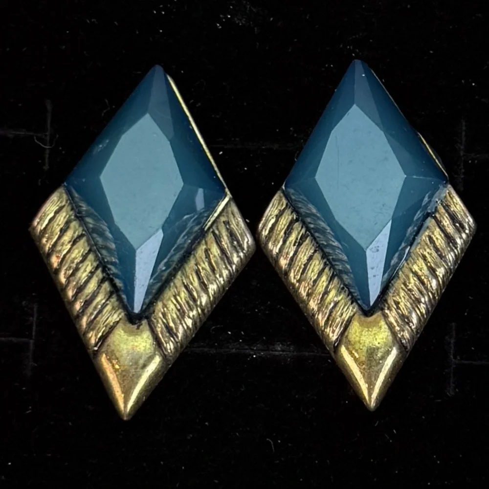 Vintage Teal Blue Aged Goldtone Geometric Pierced Earrings